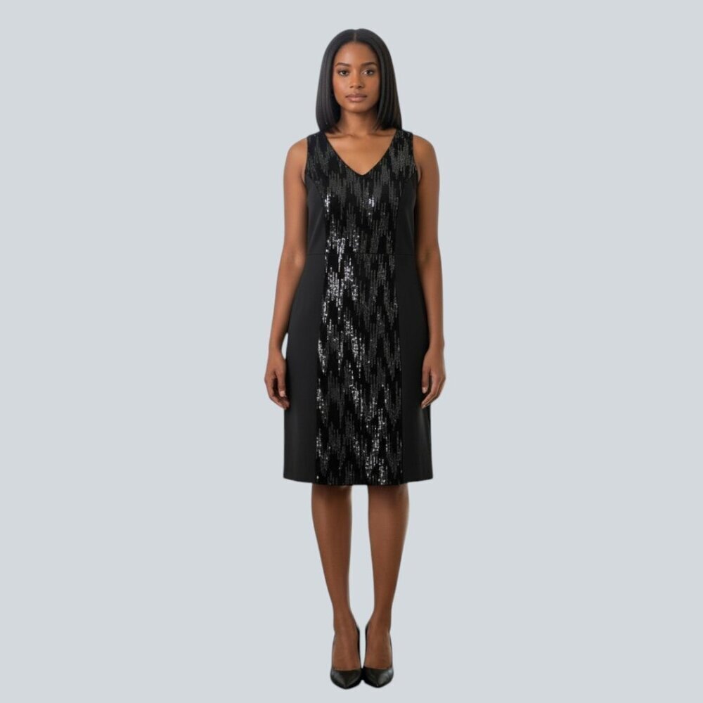 Lane Bryant Women's Black Sequin Front V Neck Sleeveless Sheath Dress Plus Sz 16